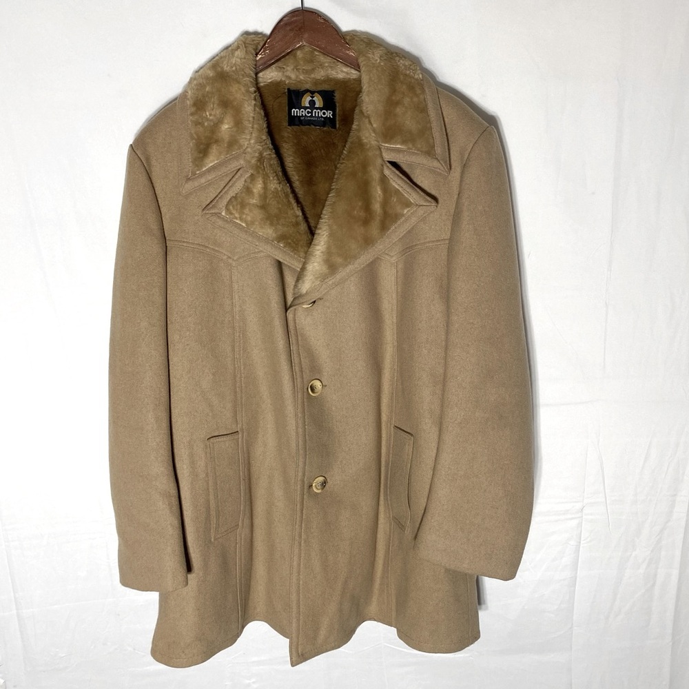 Vintage Mac Mor Tan Wool Pea Coat W Soft Sherpa Lining & Collar XXL Dadcore